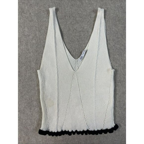 Zara Tops - Zara Cream Sleeveless Crochet Knit Bottom Ruffle Crop Sweater Tank Top V Neck SM
